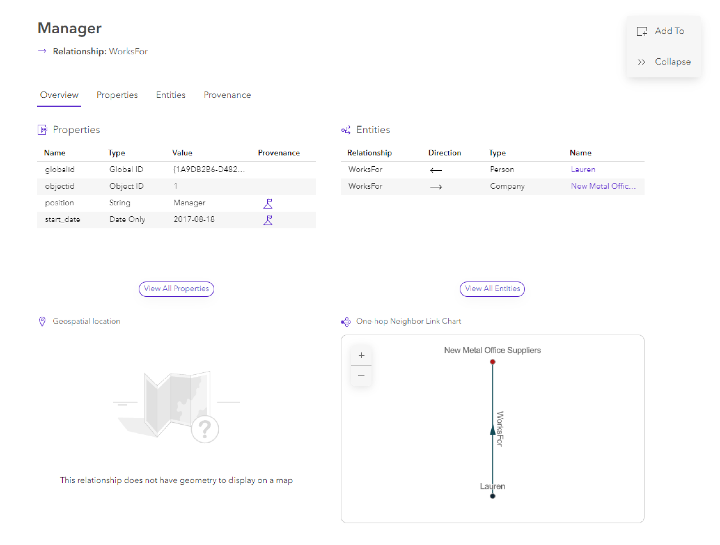 Content for a selected relationship on the Overview tab in the knowledge graph view Content for a selected relationship on the Overview tab in the knowledge graph view